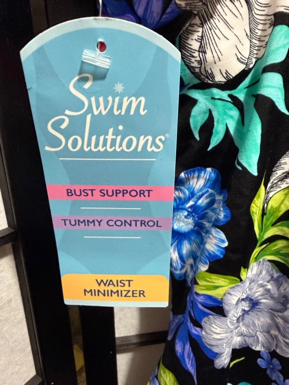 Swim Solutions Black One-Piece Swimsuit with Blue, Pink Floral Print Size 16 - Picture 4 of 5